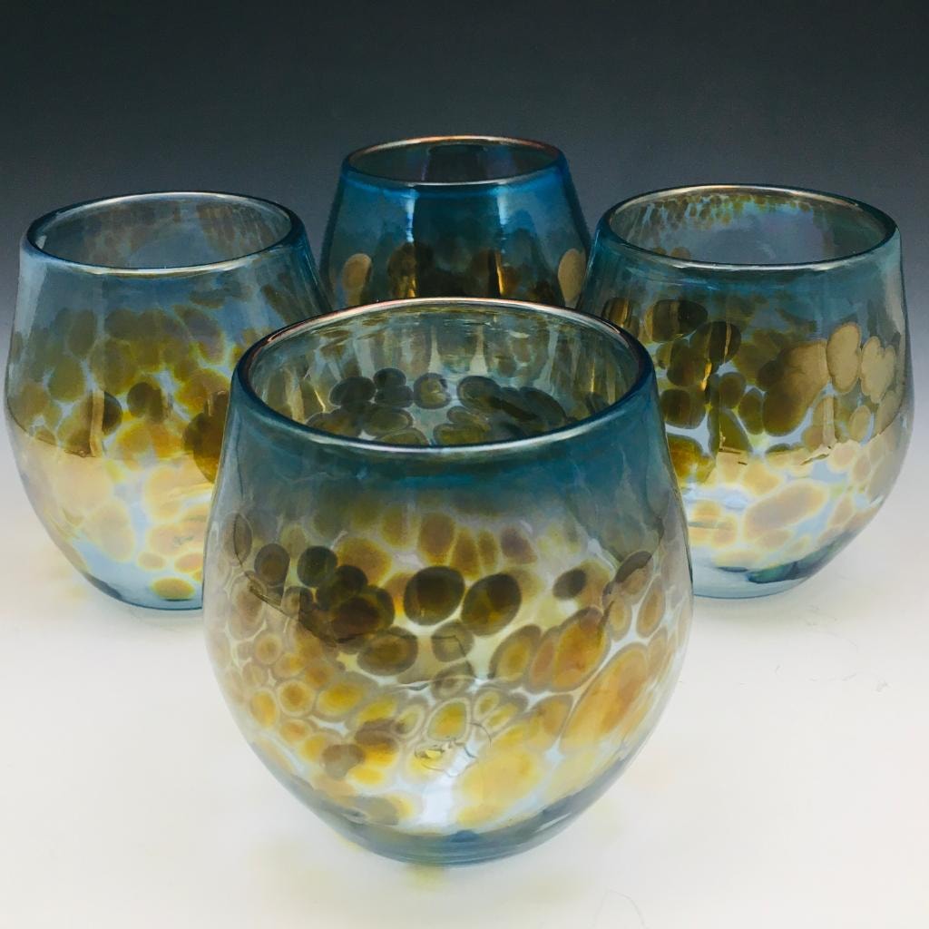 Silver blue stemless wine glass hand blown by Alex Kalish